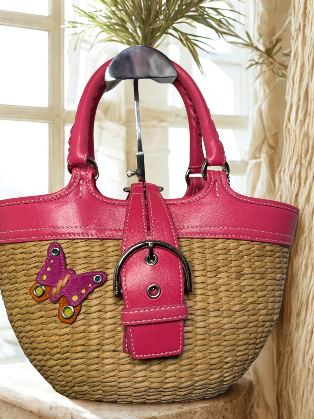 Vintage Coach Butterfly Straw Basket Bag — Pink Leather Trim Y2K